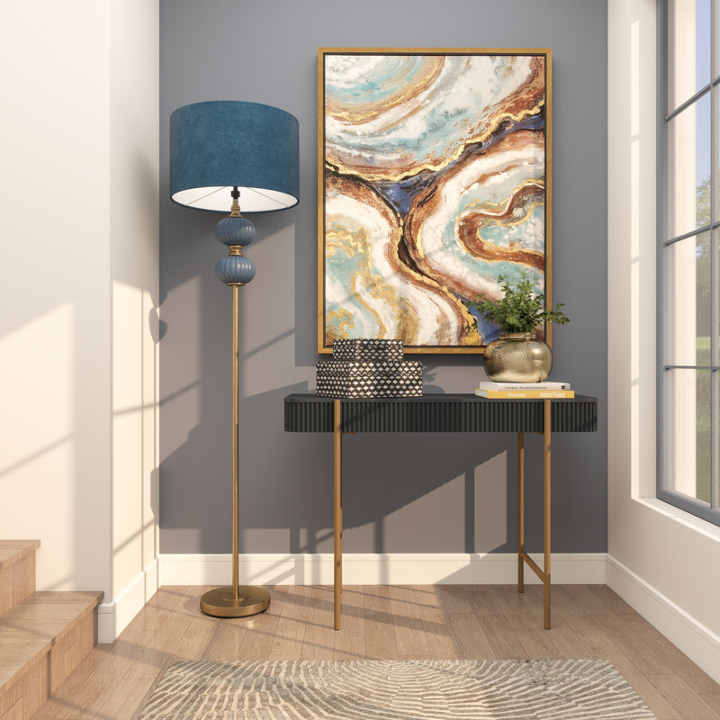 Blue Metal Ribbed Room Floor Lamp with Velvet Shade and Gold Accents