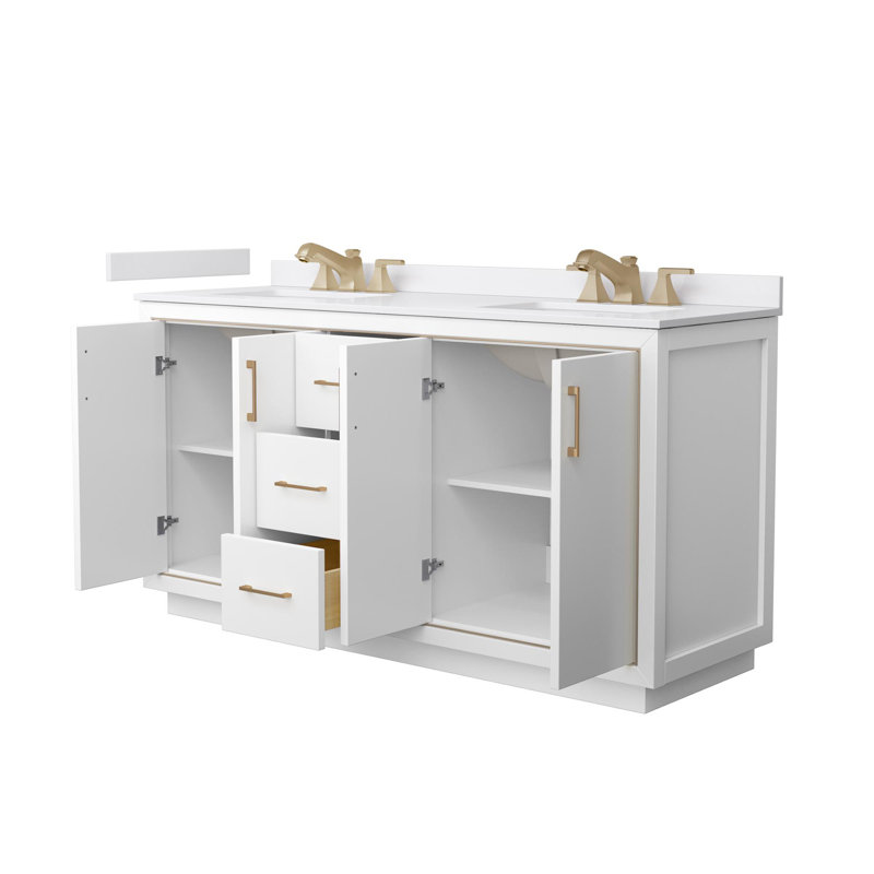 Icon 66" Freestanding Double Bathroom Vanity with Cultured Marble Top, White, Satin Bronze