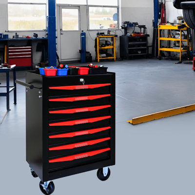 Boîte à outils 20 po avec 7 tiroirs - Roulement, amovible, mobile 7 glissières à roulement, rouge et noir, stable