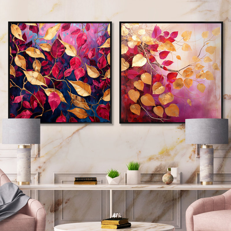 Feuilles d'art dorées et roses - ensemble de 2 feuilles de collage carré, Cadre flottant noir, H 16 po x l 33 po
