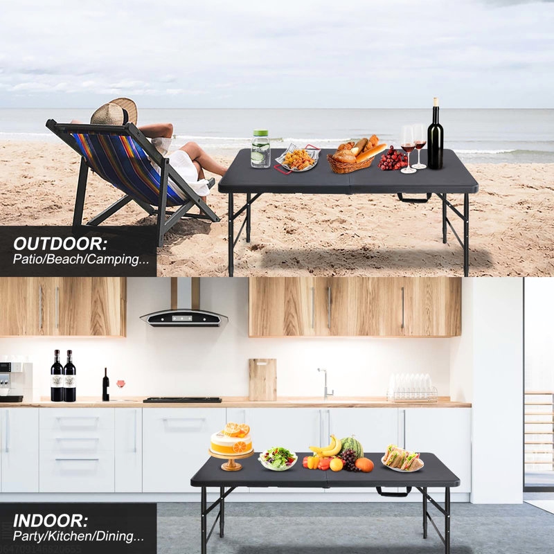 4Ft Camping Folding Table In Black. Ready For Indoor & Outdoor Adventures. 135Kg Max Load. Fixed Grip Simple And Carrying. Smooth, Waterproof Surface Black Portable 4Ft. For Entertainment. Weight.
