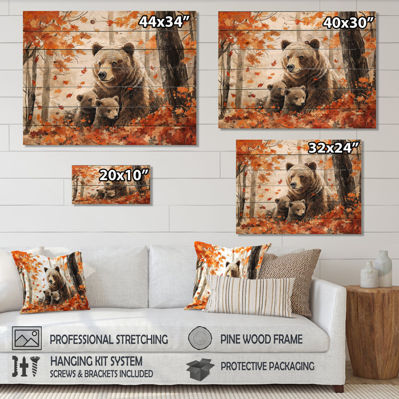 Mère ours avec des oursons en automne II - Art mural en bois d'ours - sur bois de pin naturel, H 34 po x l 44 po x P 0,78 po