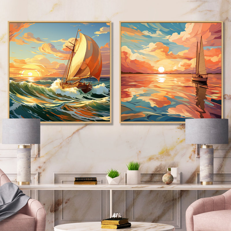 Orange nautique orange, bateau à voile Horizon I - ensemble de 2 reproductions d'art mural, Cadre flottant brun