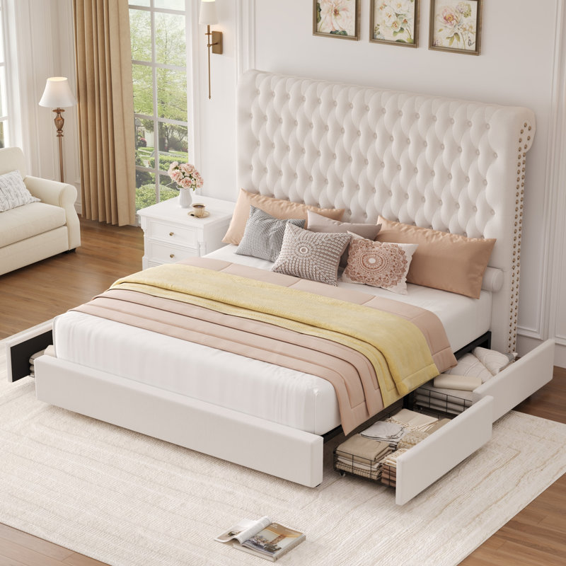Ensemble de chambre à coucher 3 pièces, lit de rangement avec tête de lit en flanelle capitonnée, 2 tables de chevet avec 4 tiroirs