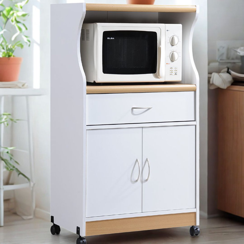 Chariot de cuisine roulant avec tablette à micro-ondes, tiroir à ustensiles, espace de rangement d'armoire intérieure et roulettes verrouillables