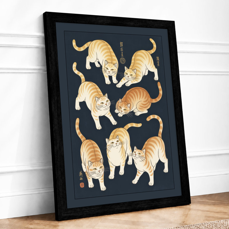 Seven Tabby Cats Japandi - Framed Print, A2 - 59.4 x 42.0 cm, Black