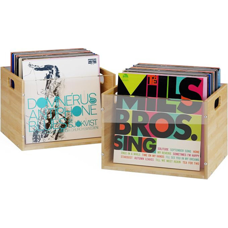 Lot de 2 boîtes de rangement pour disques vinyles, caisse en bambou et acrylique | Présentoir à disques vinyles visible avec poignée, porte-CD cubique pour le rangement et l'organisation de vos albums LP, facile à assembler