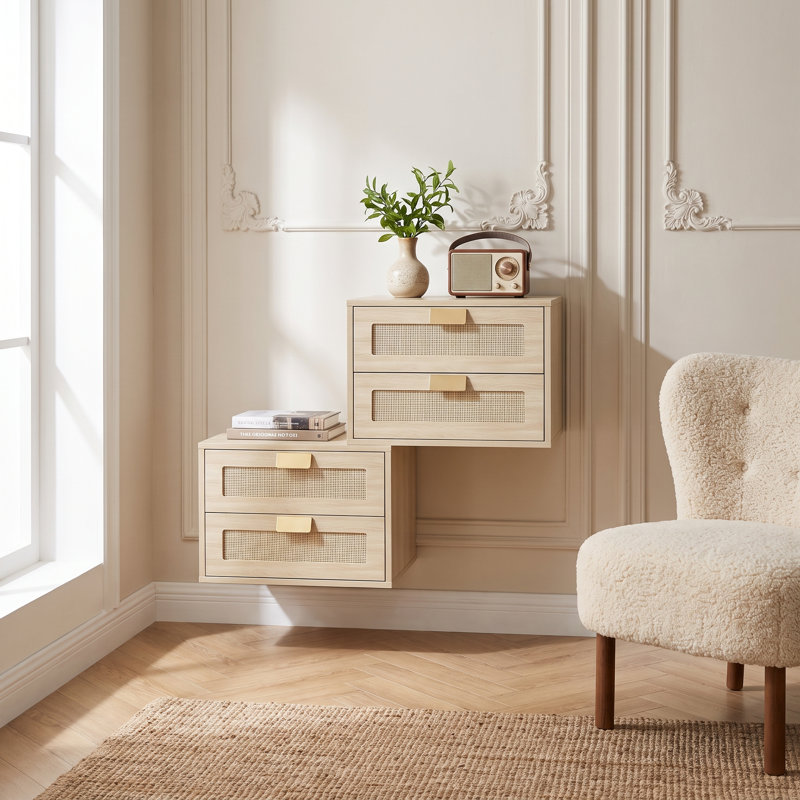 Floating Nightstands Set of 2 Wall-Mounted Bedside Tables 40x30x27.6cm Oak Rattan 2-Drawer No Legs Boho