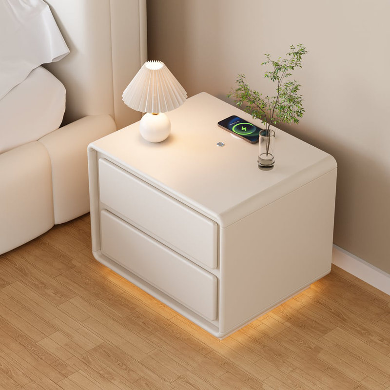 Modern 2-Drawer Smart White Beside Table with Wireless Charger