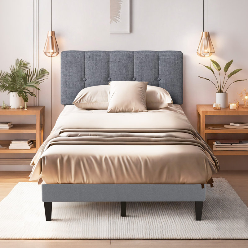 Lit plateforme tapissier avec tête de lit ajustable, sans sommier, sans bruit, Simple, Gris clair