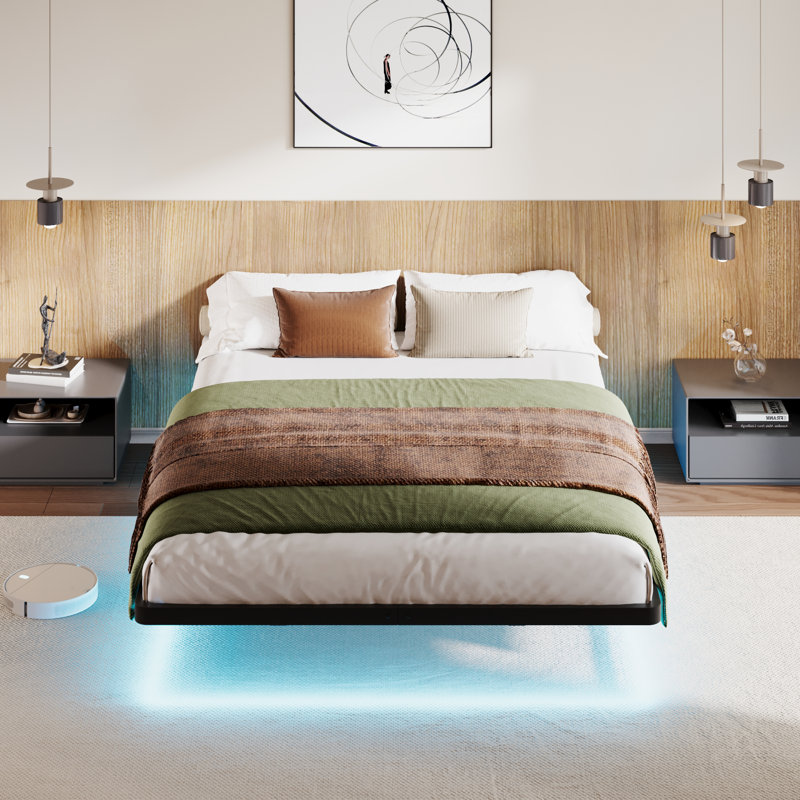 Floating Metal Bed Frame With LED Lights,Underbed Storage,No Boxspring Needed, Queen