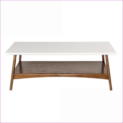 Table basse Mid-Century à deux tons avec structure en bois massif et amp; Plateau en panneau de fibres à densité moyenne, tablette inférieure peu encombrante pour le salon