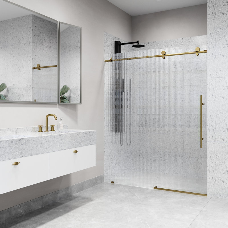 Porte de douche coulissante sans cadre avec verre cannelé 3/8 po Elan E 56 po x l 76 po, Or, Droite