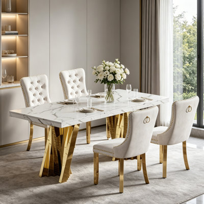 Modern Faux Marble Dining Table Set, Luxury 70.8" Dining Room Table with Velvet Upholstered Chairs, Luxurious Kitchen Table with Lightning Stainless Steel Pedestal, Rectangle Dining Table Set