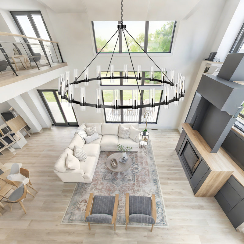 Large Black Wagon Wheel Chandelier with Glass Shade, Modern Farmhouse Style, Ideal for Dining Room, Kitchen, Entryways