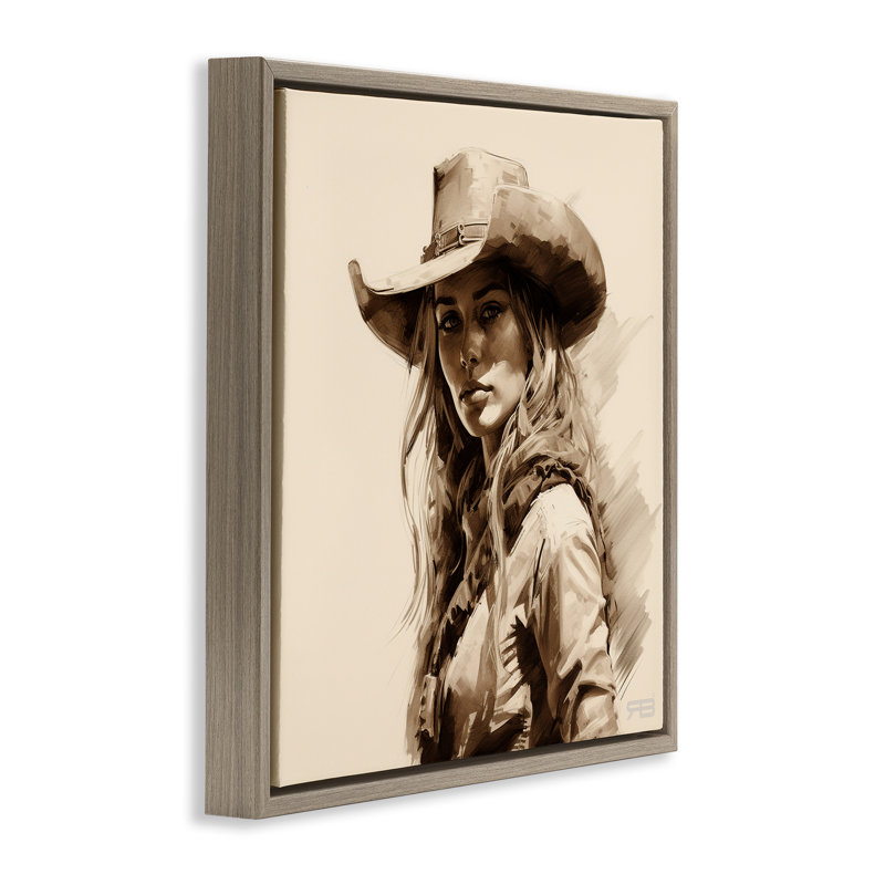 «Western Cowgirl Gaze», art mural encadré sur toile flottante par RB, Cadre flottant orme Montalcino, H 18 po x l 18 po