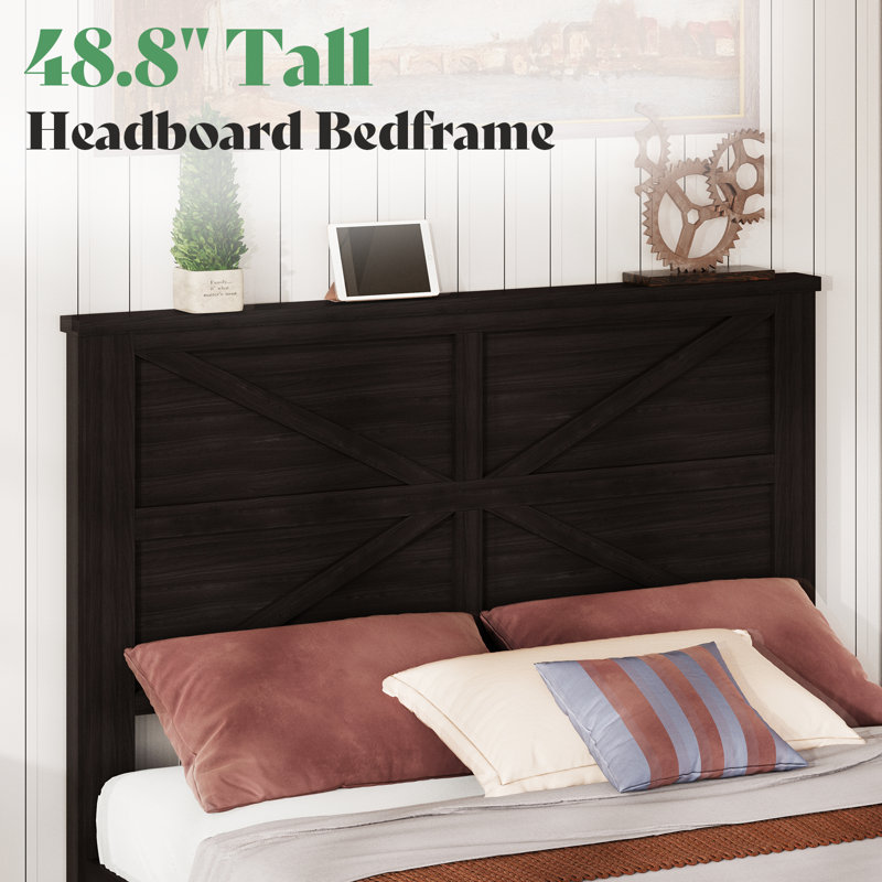  Farmhouse Full Size Wood Bed Frame with Footboard Storage Cabinets, Black, Full, Black