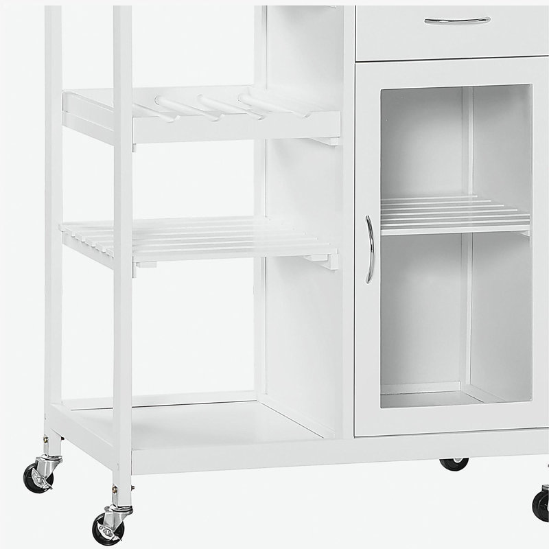 Îlot de cuisine mobile avec espace de rangement, chariot de cuisine à 4 bouteilles, chariot-bar avec porte-gobelet à pieds hauts, chariot de cuisine avec tablettes et tiroirs, blanc