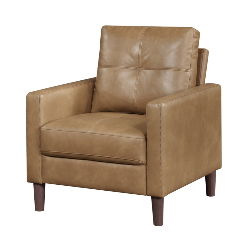 Xyna Accent Chair with Tufted Backrest, Solid Wood Legs, Brown Fabric