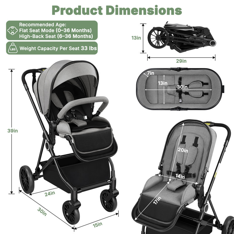 Poussette réversible 2 en 1 pour bébé, poussette de voyage légère pliable avec harnais à 5 points, Gris