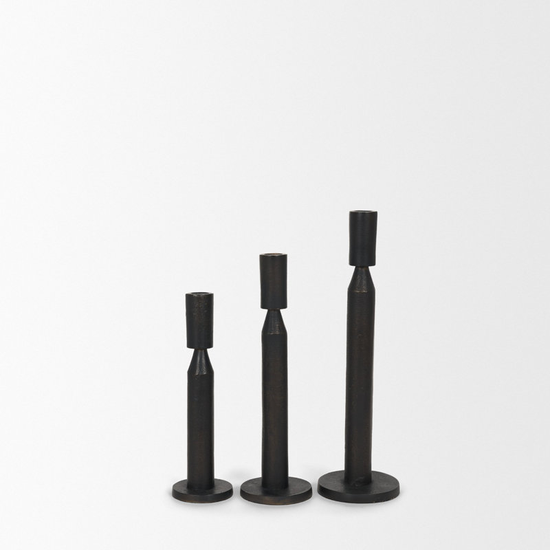 Declan Textured Matte Black Cast Metal Taper Candle Holder, Antiqued Brass