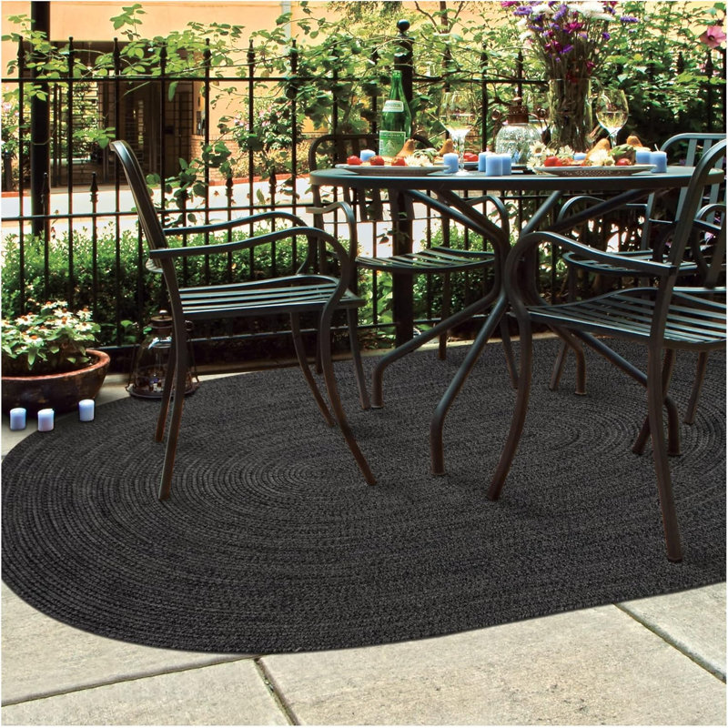  Braided Rug / Washable Indoor/Outdoor Black Rug, Oval 6' x 9'