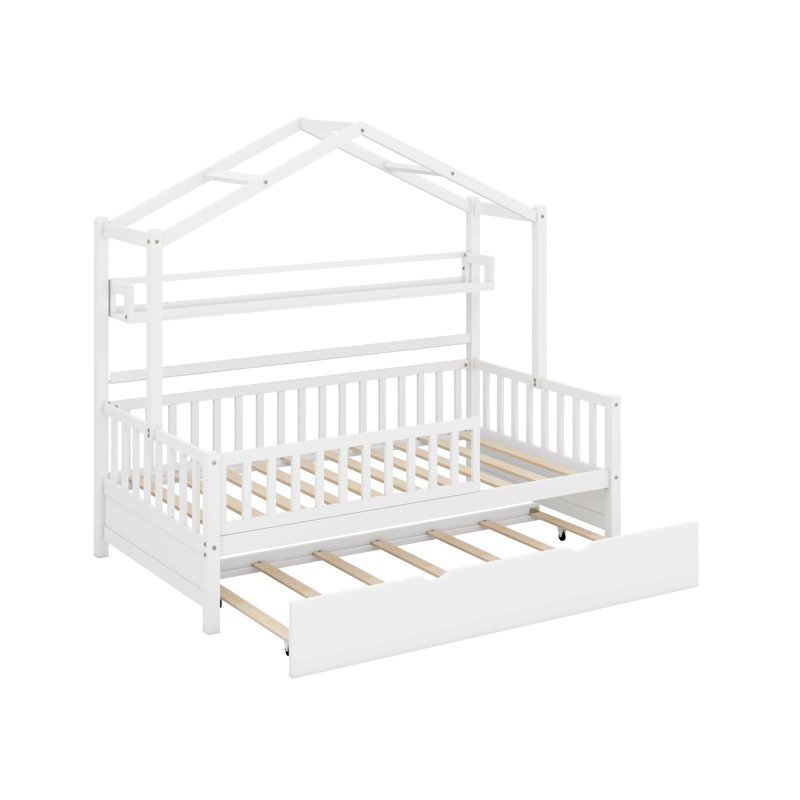 House Bed With Trundle And Storage Shelf, Wood Bed Frame With Roof And Safety Guardrail, Twin