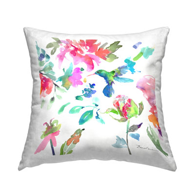 Coussin décoratif à motif floral Colibri flottant imprimé par Evelia Designs