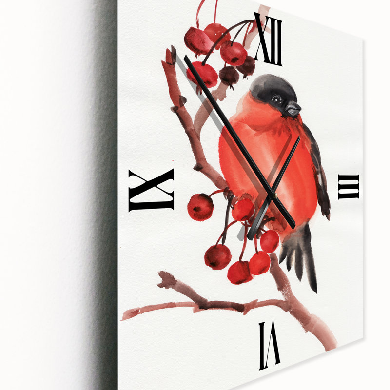 Horloge murale bouvreuil sur une branche avec baies, Très grand