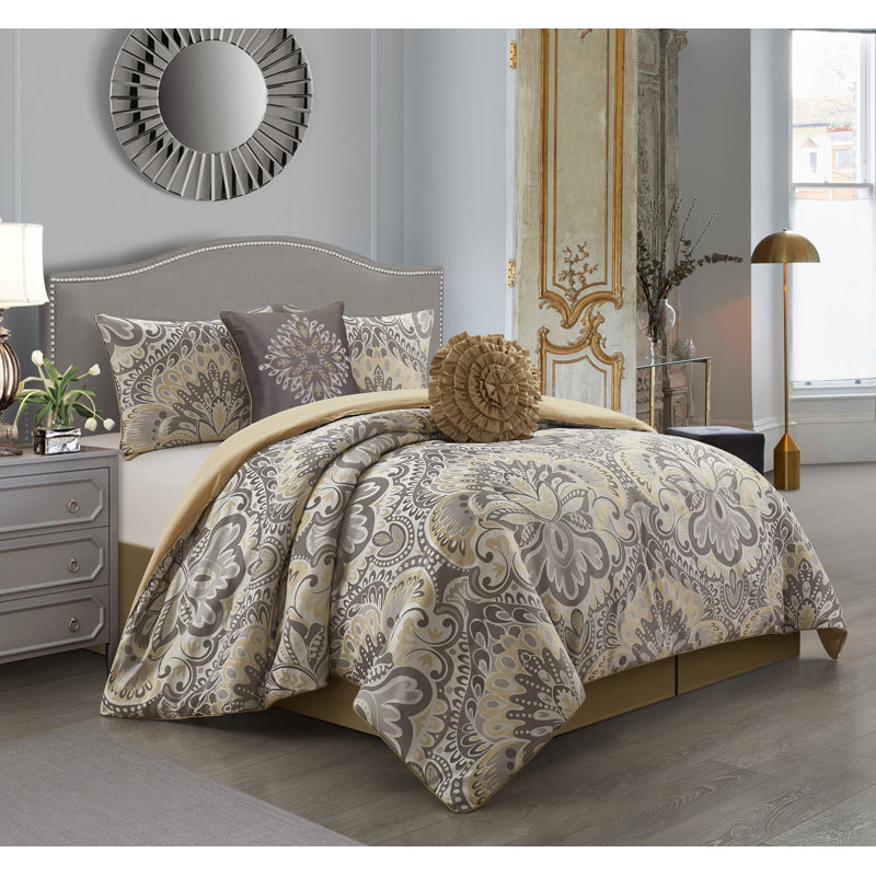  Ensemble d'édredon réversible en microfibre 6 pièces Amelia, Édredon de grande taille et 6 pièces supplément, Gris/jaune