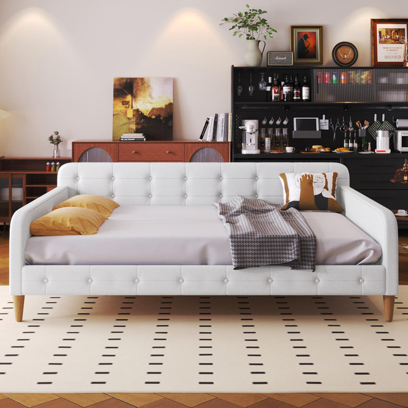 Upholstered Daybed with 4 Support Legs, Beige, Full/Double