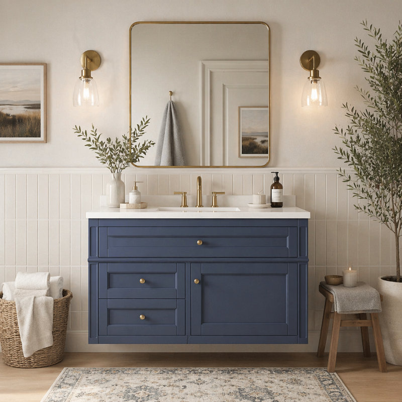 Meuble-lavabo mural 36 po, armoire de rangement flottante avec 2 tiroirs, 1 tiroir basculant, lavabo simple en céramique 3 trous, armoire moderne