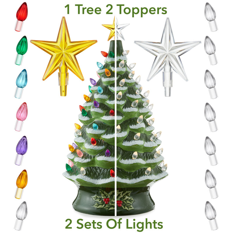 24" Hand Painted Ceramic Christmas Tree, Pre-Lit Tree with Star, White/Green