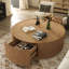 Table basse ronde contemporaine moderne de 89 cm de large, entièrement assemblée, avec piètement cannelé en bois massif, 2 tiroirs de rangement dissimulés et plateau en placage de bois.-245715675-31455752