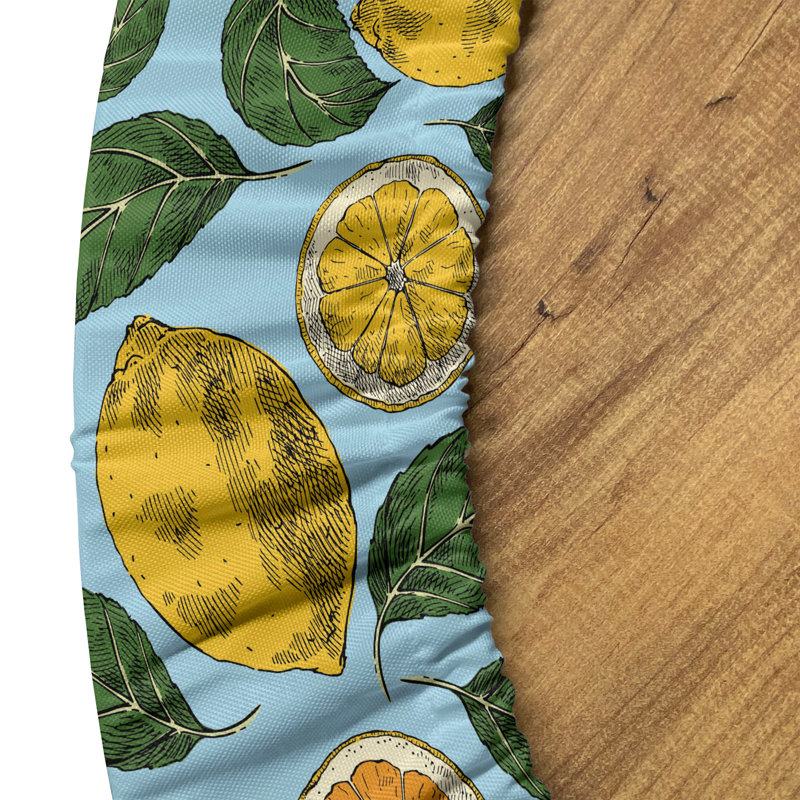 Ebern Designs Lemon Fitted Round Tablecloth Pale Blue Multicolor, 51.97" Round