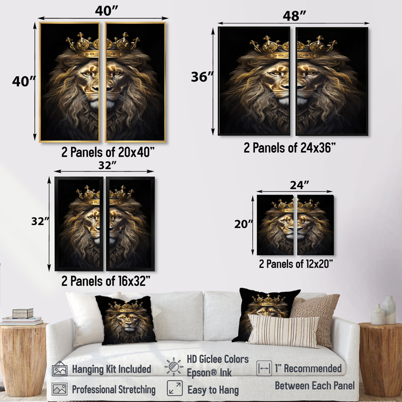 2 pièces de majestueux roi lion avec couronne dorée - Art encadré de lion, animaux bruns, 40" H x 40" W, Toile tendue