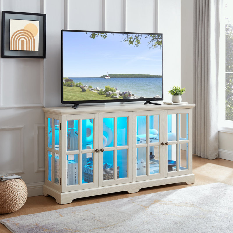 Meuble télé à DEL avec portes en verre et tablettes réglables, Blanc