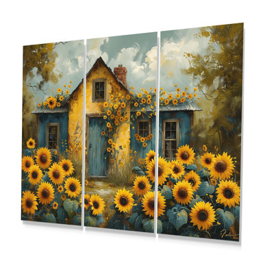 Jaune jaune brun champ de tournesols à la grange - ensemble de tournesols d'art mural
