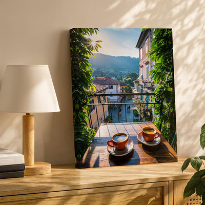 Toile, vue pittoresque depuis un balcon surplombant un charmant art mural illuminé par la rue italienne encadrée par des feuilles vertes luxuriantes