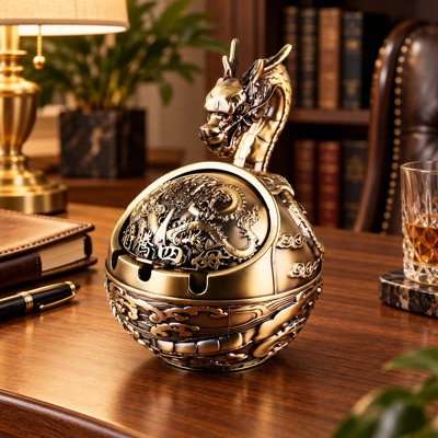Vintage Dragon Metal Ashtray with Lid and Embossed Design for Indoor/Outdoor Use