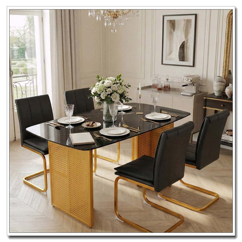 Table de salle à manger rectangulaire moderne en verre trempé avec motif en marbre, Noir et doré