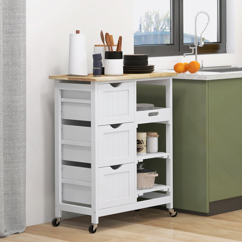 Rolling Kitchen Island Cart, Bar Serving, Drawers, White