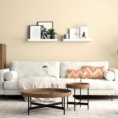 2 Modern White Wall Mounted Shelves. Engineered Wood Made, 20 Lbs Load-Bearing Ability. Style Your Room. Easy Installation Guide Supplied. Show Decorative Items Of 2 Composition, Supporting Weight.
