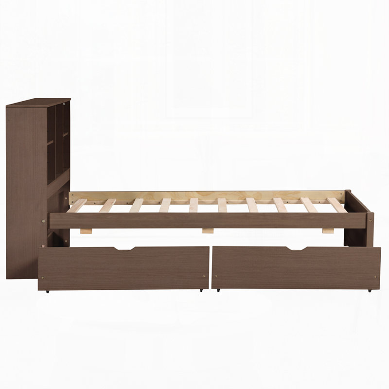 Cadre de lit simple moderne avec port USB intégré sur la tête de lit et 2 tiroirs couleur noyer, Noyer