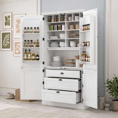Tall Kitchen Pantry Cabinet with Door Racks, Wine Rack, Storage Drawers and Adjustable Shelves for Dining Room