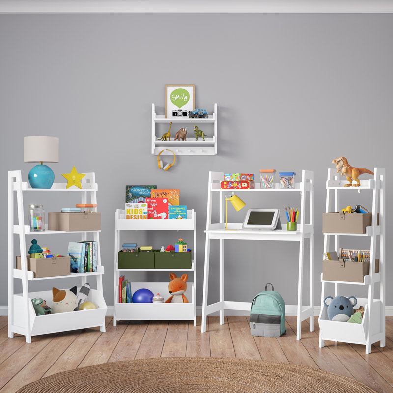 White and Olive Kids 4-Tier Ladder Shelf with Toy Organizer