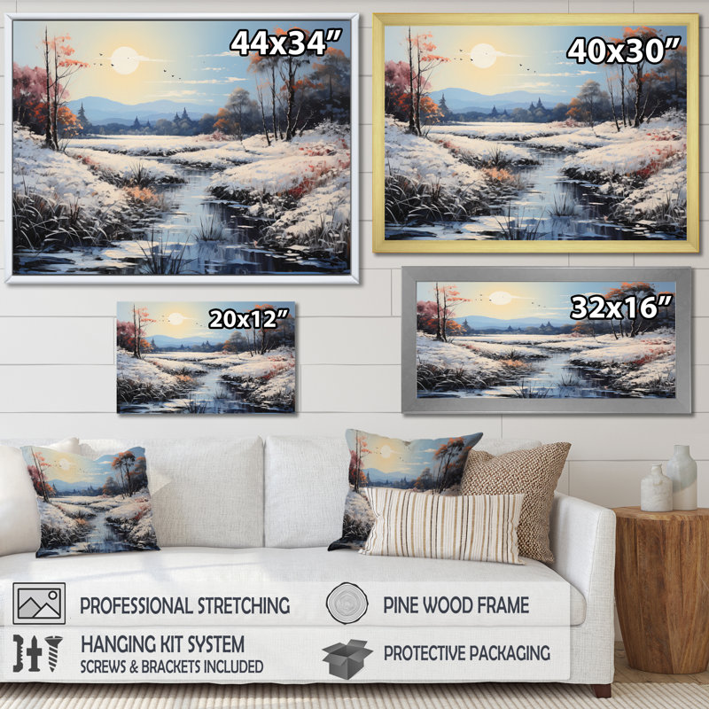 Winter Rivier Tranquility I, reproduction d'art sur toile, Cadre simple noir, H 16 po x l 32 po x P 1 po