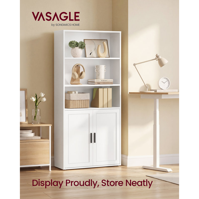5-Tier Tall Bookcase, Bookshelf, Book Shelf with Doors, Open Storage Shelf, Cloud White