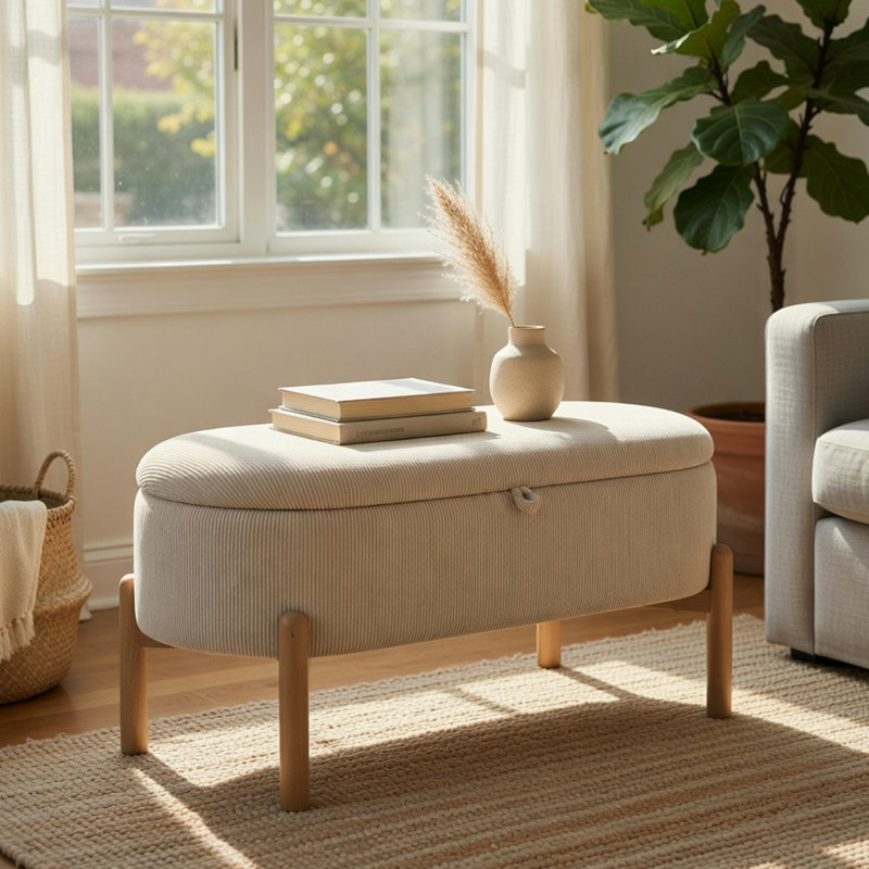 Banc Mony avec rangement à plateau relevable, velours côtelé taupe, cadre brun de 43 po