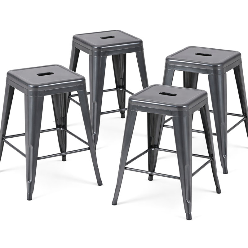 4 tabourets de bar gris en métal sans dossier de 24 pouces, non empilables, détachables, assemblage rapide et facile. Métal résistant à l'eau, à la rouille et à la déformation, idéal pour les tabourets de cuisine à hauteur de comptoir, peu encombrant. À